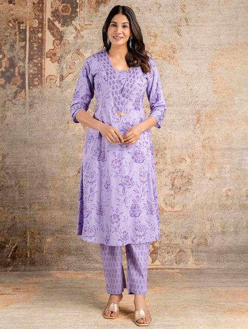 women floral printed three quarter sleeve kurta pant set - 21725513 - Very Small Image - 1