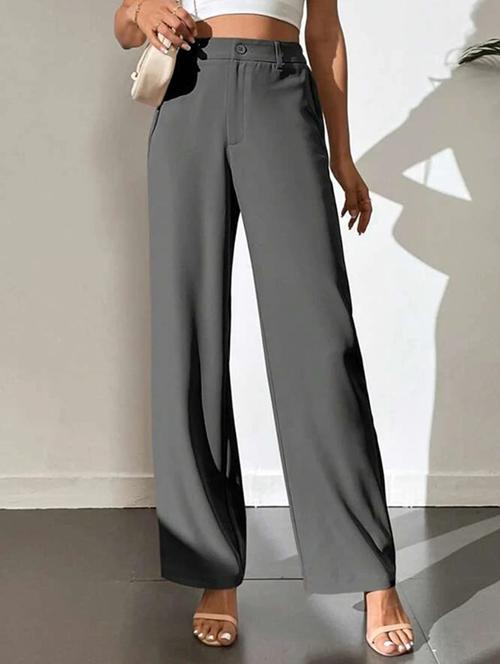 women grey solid high rise flat front trouser - 21726658 - Very Small Image - 1