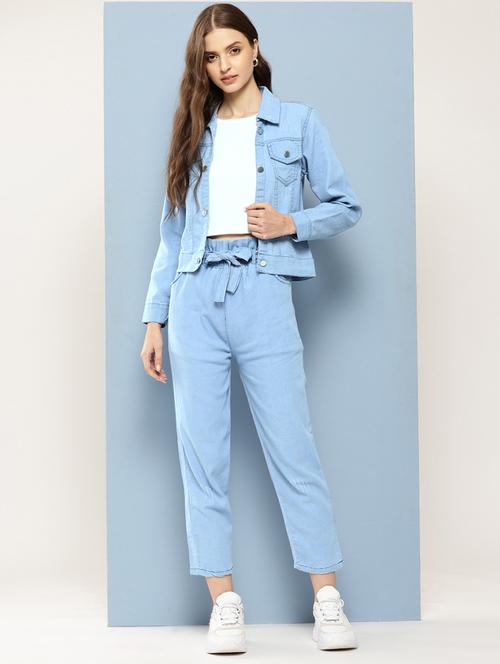 women solid crop top and jacket with jeans - 21728110 - Very Small Image - 1