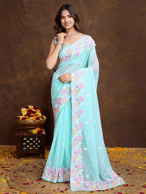 women light blue embroidered saree with blouse - 21728383 - Very Small Image - 1