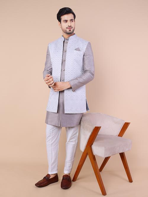 men mandarin neck self design kurta pyjama set with jacket - 21728434 - Very Small Image - 1