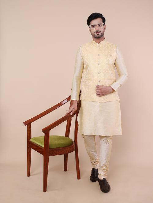 men mandarin neck kurta pyjama with nehru jacket ethnic wear set - 21728674 - Very Small Image - 1