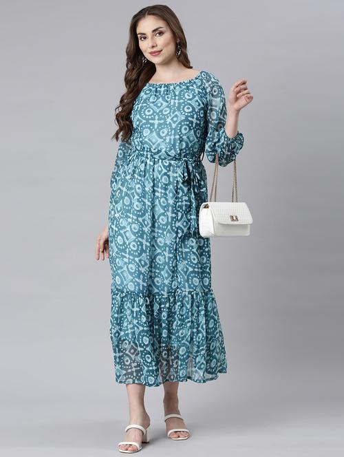 women blue three quarter sleeve tiered dress - 21729718 - Very Small Image - 1
