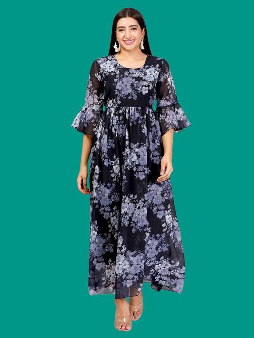 women printed flute sleeves fit & flare dress - 21730915 - Very Small Image - 1