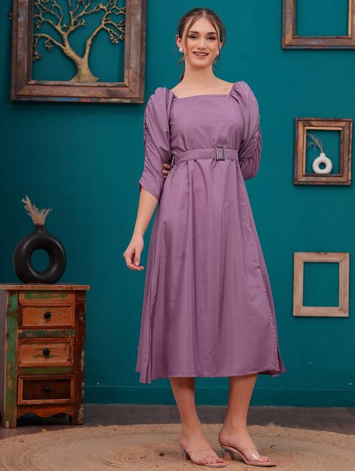 women solid puff sleeves a-line dress - 21730972 - Very Small Image - 1