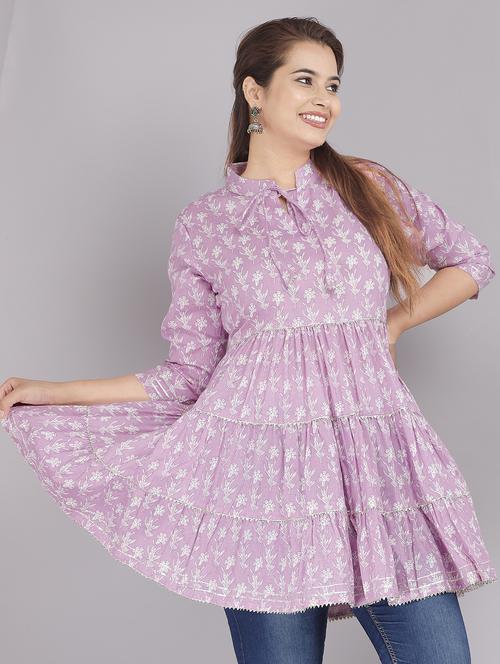 women tie up neck printed tiered kurti - 21731152 - Very Small Image - 1
