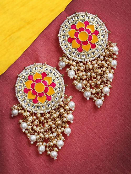 gold plated kundan and pearl dangler drop earrings - 21733286 - Very Small Image - 1