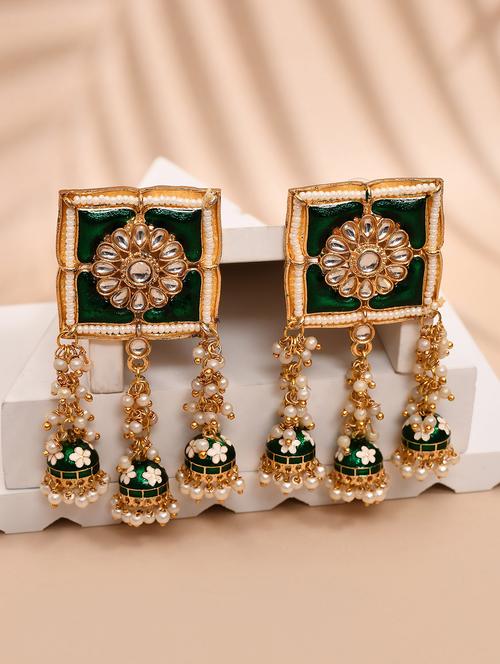 green stone square top floral carved jhumka earrings - 21733345 - Very Small Image - 1