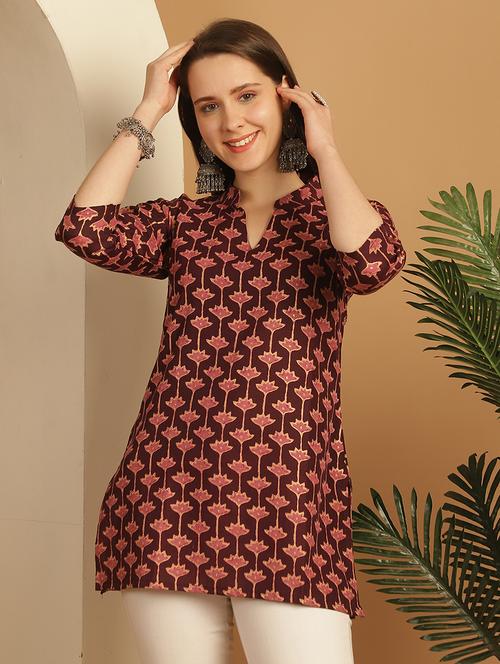 women maroon printed mandarin neck straight kurti - 21737423 - Very Small Image - 1