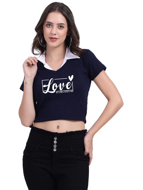 women typographic collared cheerleader style crop top - 21737938 - Very Small Image - 1
