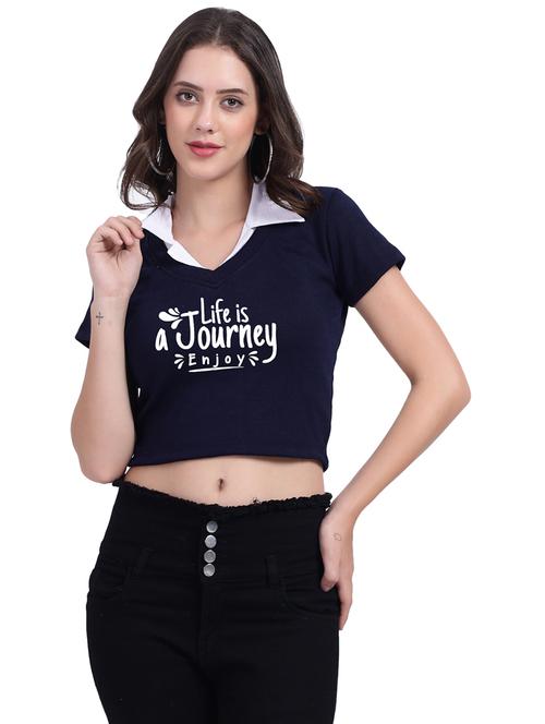 women typographic collared cheerleader style crop top - 21737959 - Very Small Image - 1