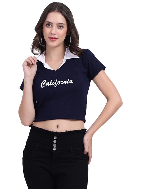 women typographic collared cheerleader style crop top - 21737983 - Very Small Image - 1