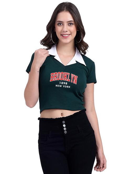 women typographic collared cheerleader style crop top - 21737989 - Very Small Image - 1