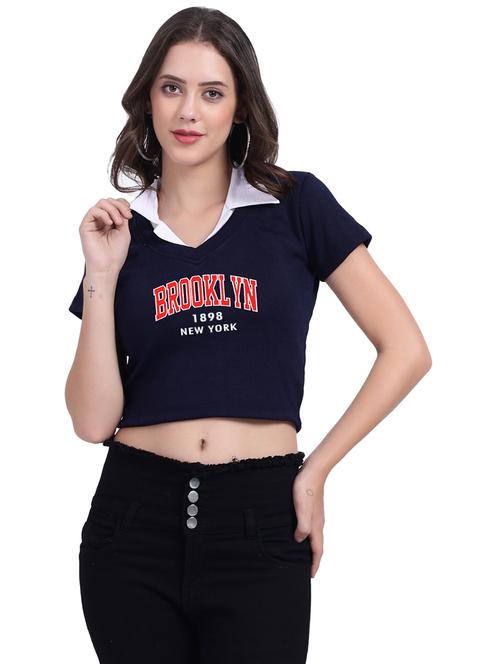 women typographic collared cheerleader style crop top - 21737996 - Very Small Image - 1