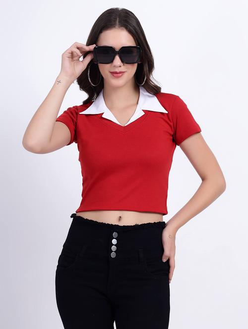 women plain collared cheerleader style crop top - 21738024 - Very Small Image - 1