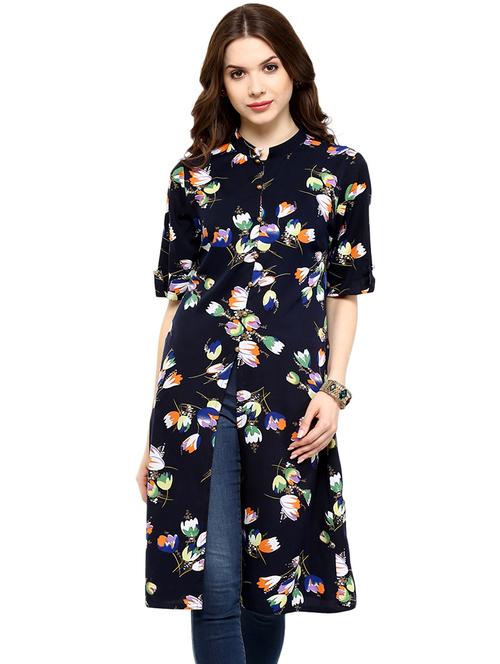women floral printed mandarin neck front slit kurta - 21743052 - Very Small Image - 1