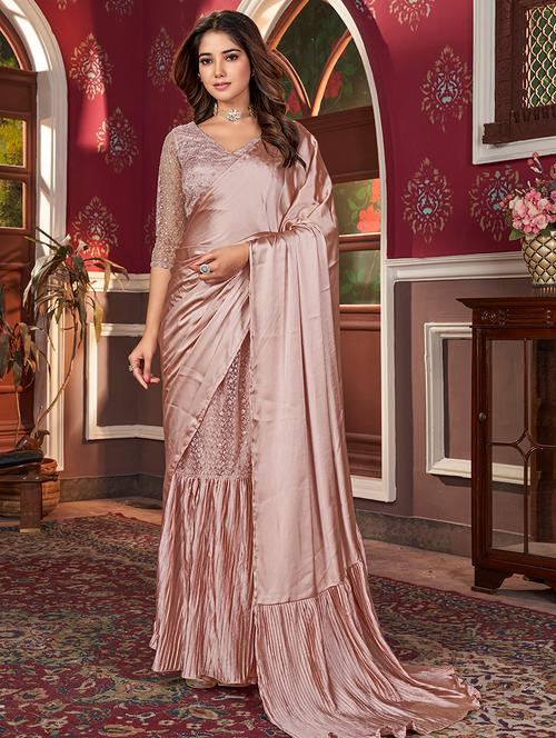 women solid embroidered pre drape saree with blouse - 21744195 - Very Small Image - 1