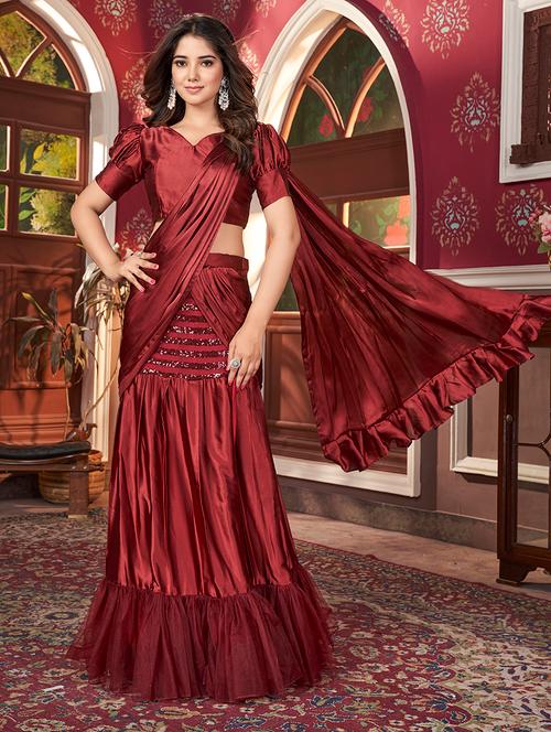 women solid sequin work pre- drape saree with blouse - 21745334 - Very Small Image - 1