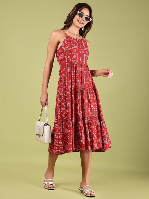 women red printed shoulder strap tiered ethnic dress - 21746191 - Very Small Image - 1