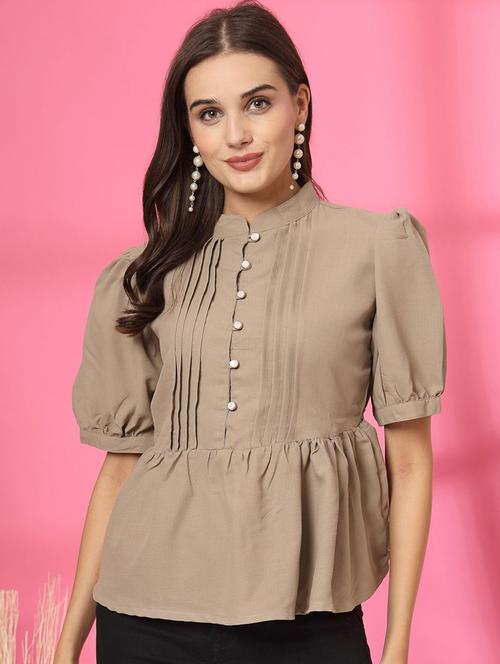 women solid puff sleeves peplum top - 21746494 - Very Small Image - 1