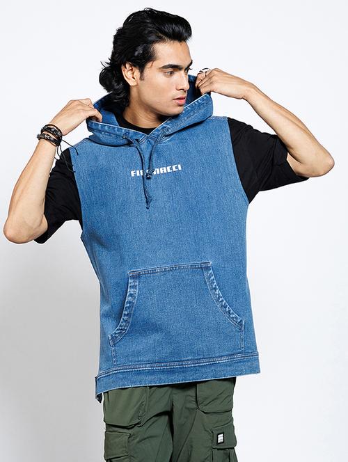 men hooded front & back print denim jacket - 21747681 - Very Small Image - 1