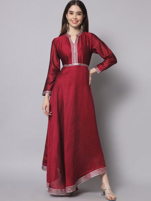 women maroon solid long sleeve flared ethnic dress - 21750938 - Very Small Image - 1