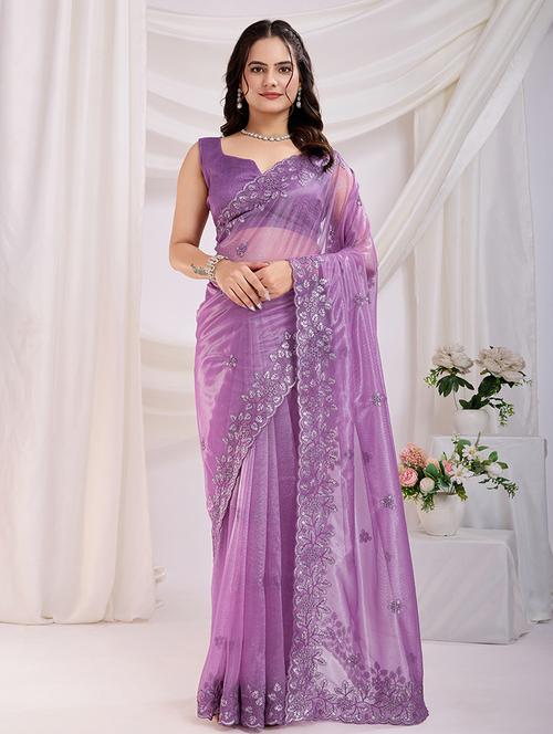 women lavender embroidered saree with blouse - 21753129 - Very Small Image - 1