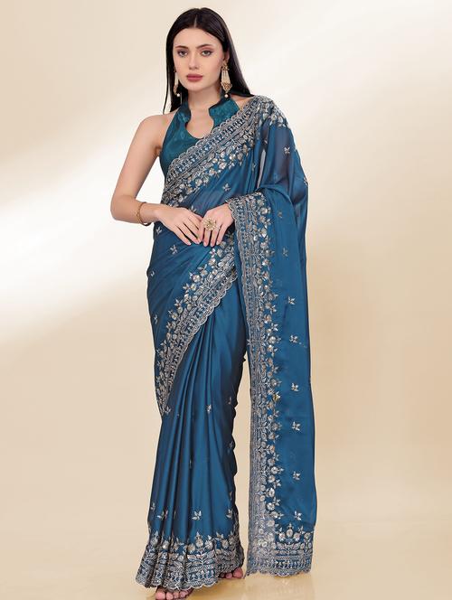 women teal embroidered saree with blouse - 21753181 - Very Small Image - 1