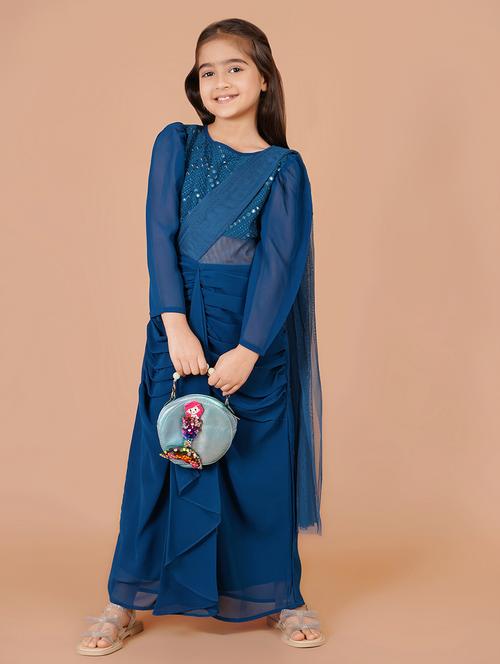 girls blue embroidered long sleeve gown - 21766647 - Very Small Image - 1