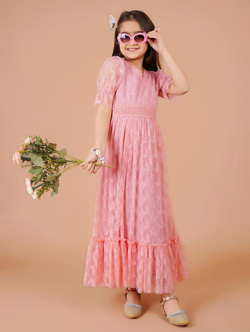 girls peach self design tiered maxi dress - 21766661 - Very Small Image - 1