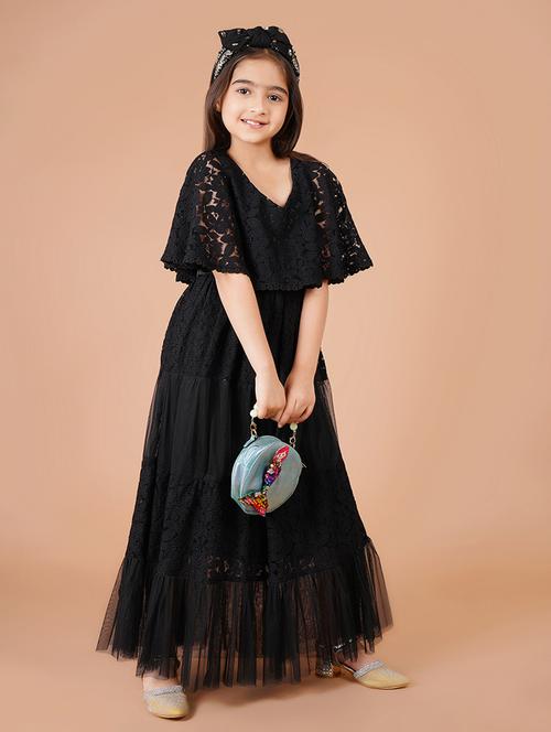 women black self design cape sleeve tiered dress - 21766668 - Very Small Image - 1