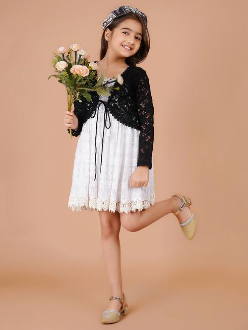 girls white self design shoulder strap fit & flare dress - 21766671 - Very Small Image - 1