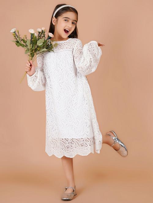 girls white self design long sleeve a-line dress - 21766672 - Very Small Image - 1