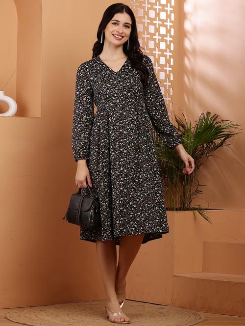women printed long sleeves fit & flare dress - 21767660 - Very Small Image - 1