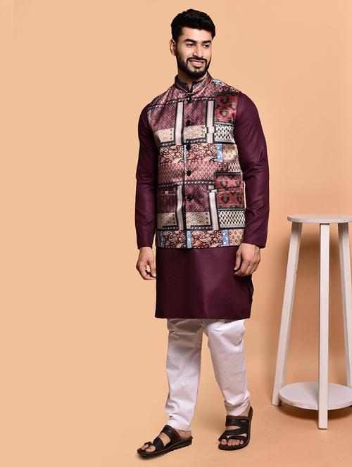 men solid mandarin neck kurta pyjama ethnic jacket set - 21786010 - Very Small Image - 1