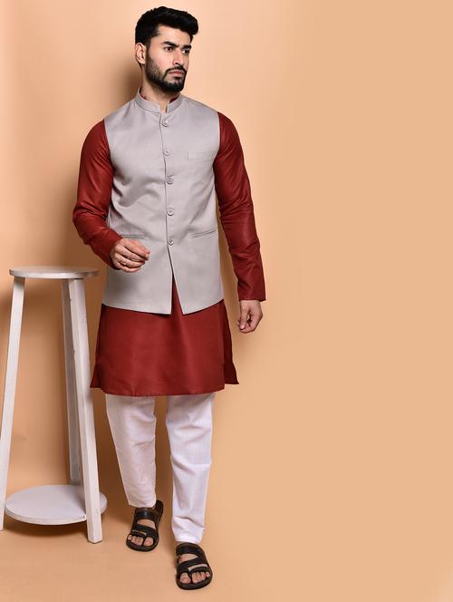 men solid mandarin neck kurta pyjama ethnic jacket set - 21786040 - Very Small Image - 1