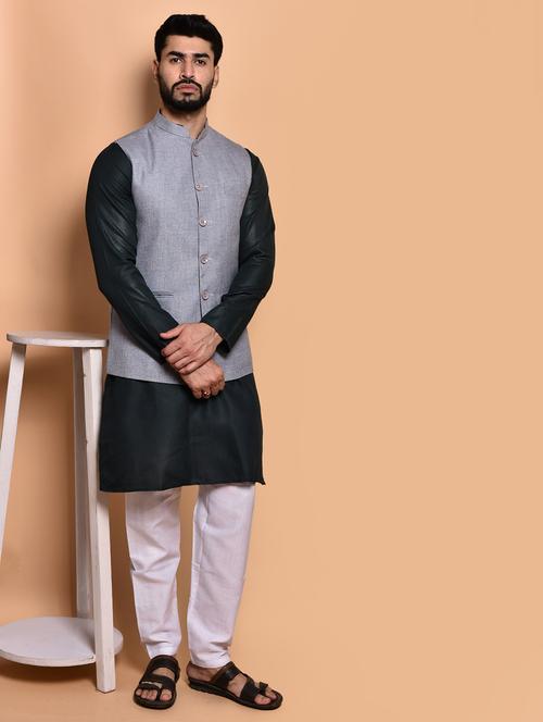 men solid mandarin neck kurta pyjama ethnic jacket set - 21786056 - Very Small Image - 1