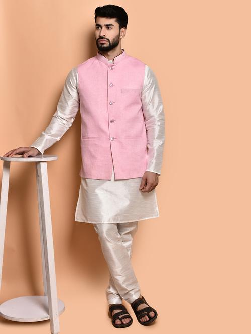 men solid mandarin neck kurta pyjama ethnic jacket set - 21786072 - Very Small Image - 1