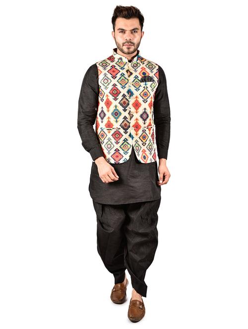 men solid mandarin neck dhoti kurta ethnic jacket set - 21786187 - Very Small Image - 1