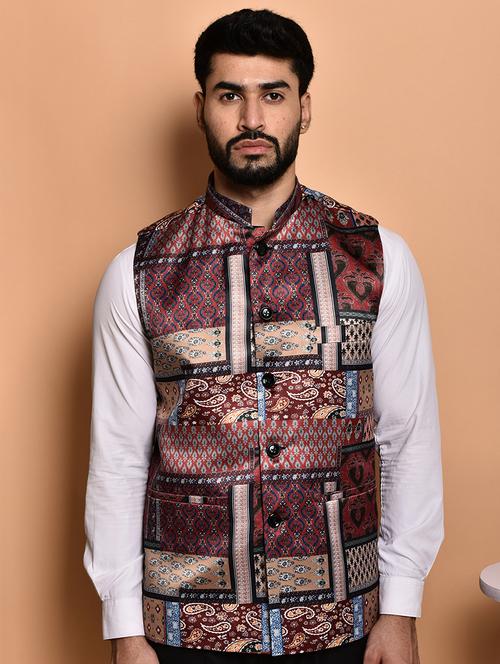 men printed mandarin neck nehru jacket - 21786308 - Very Small Image - 1
