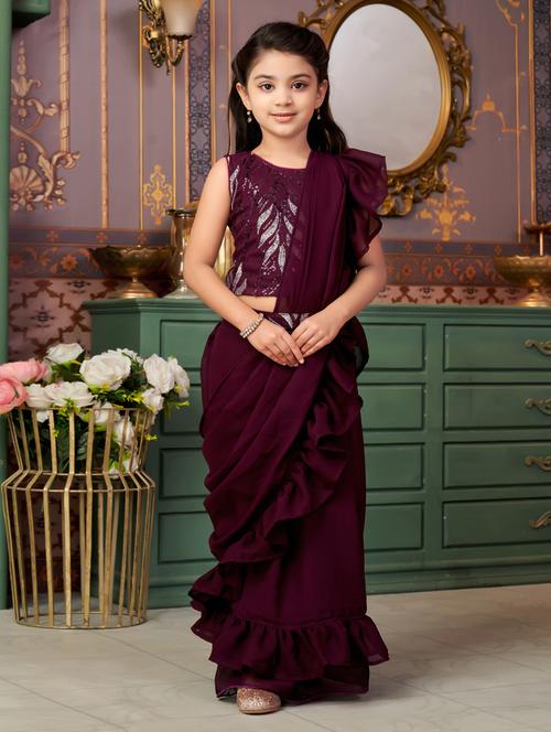 girls solid ready wear saree with embellished blouse - 21786563 - Very Small Image - 1