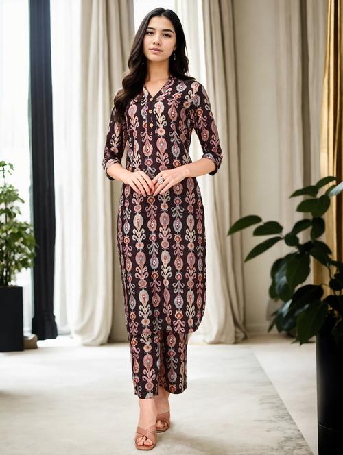 women printed mandarin neck kurta pant set - 21790008 - Very Small Image - 1