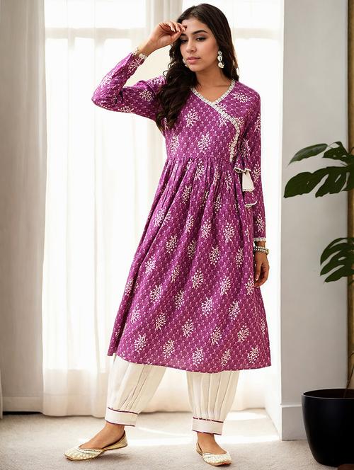 women printed purple long sleeve kurta salwar set - 21790051 - Very Small Image - 1