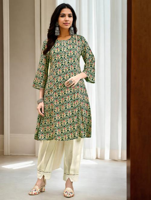 women printed three quater sleeve a-line kurta - 21790080 - Very Small Image - 1