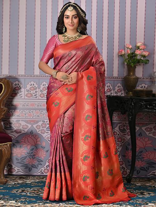 men magenta kanjivaram saree with blouse - 21790529 - Very Small Image - 1