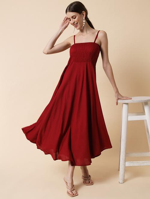 women maroon solid shoulder strap fit & falre dress - 21793224 - Very Small Image - 1