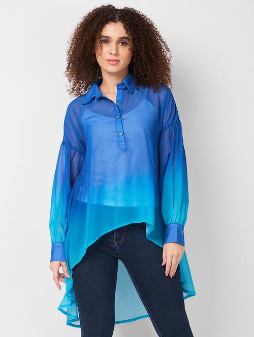 women ombre printed long sleeves high low sheer shirt - 21840186 - Very Small Image - 1