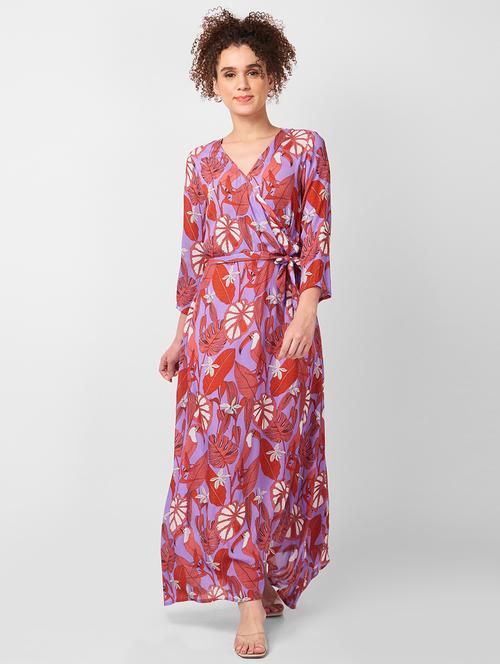 women printed overlap neck fit & flare dress - 21840392 - Very Small Image - 1