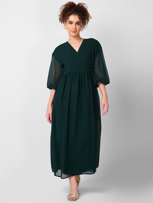women solid overlap neck fit & flare dress - 21840401 - Very Small Image - 1