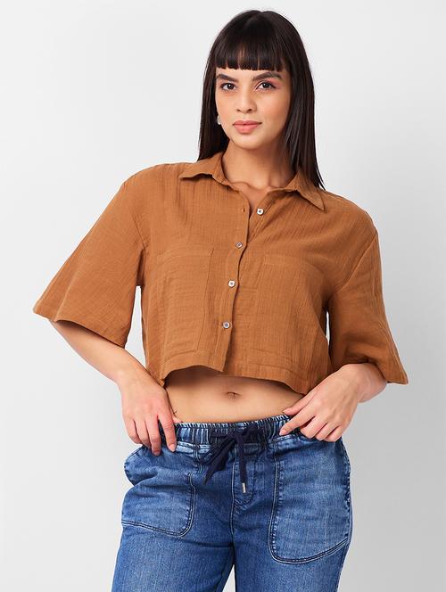 women brown solid collared crop shirt - 21840689 - Very Small Image - 1
